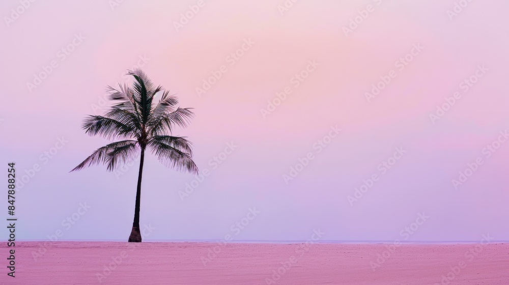 Naklejka premium Silhouette of a palm tree on the sand with a pastel purple or pink horizon. copy space. palm tree against a pink sunset background