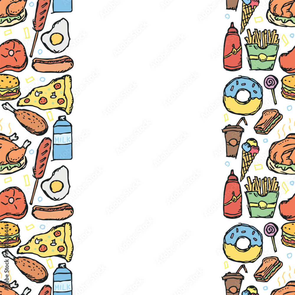 American food frame. Doodle ilustration with american food icons. Fast food background