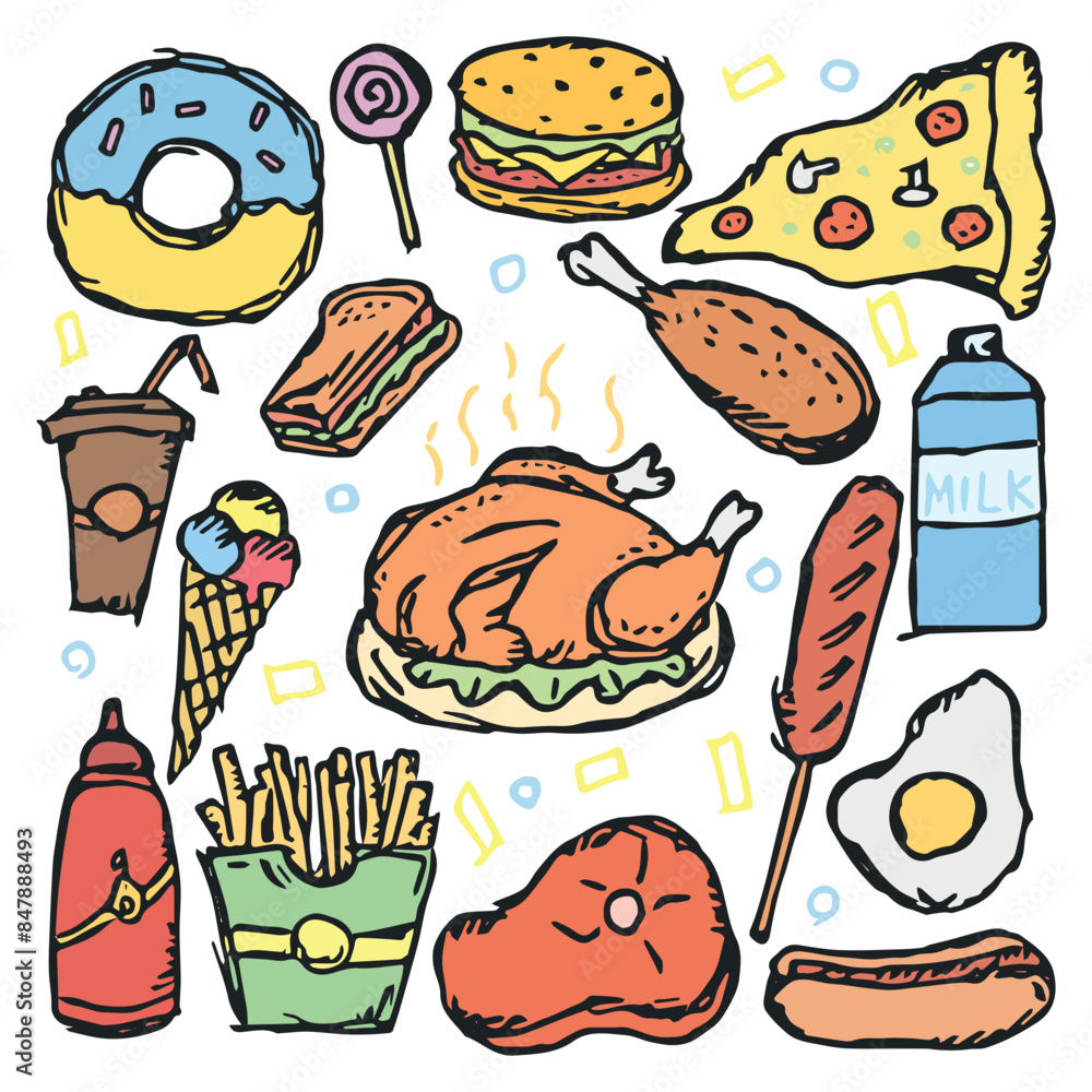 American food. Doodle ilustration with american food icons. Fast food background American food. Doodle ilustration with american food icons. Fast food background