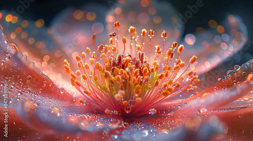 A stamen bursting with pollen, magnified 1000x, transforms into a celestial fireworks display. Pollen grains explode outwards in a burst of color, leaving trails of light that resemble shooting stars. photo