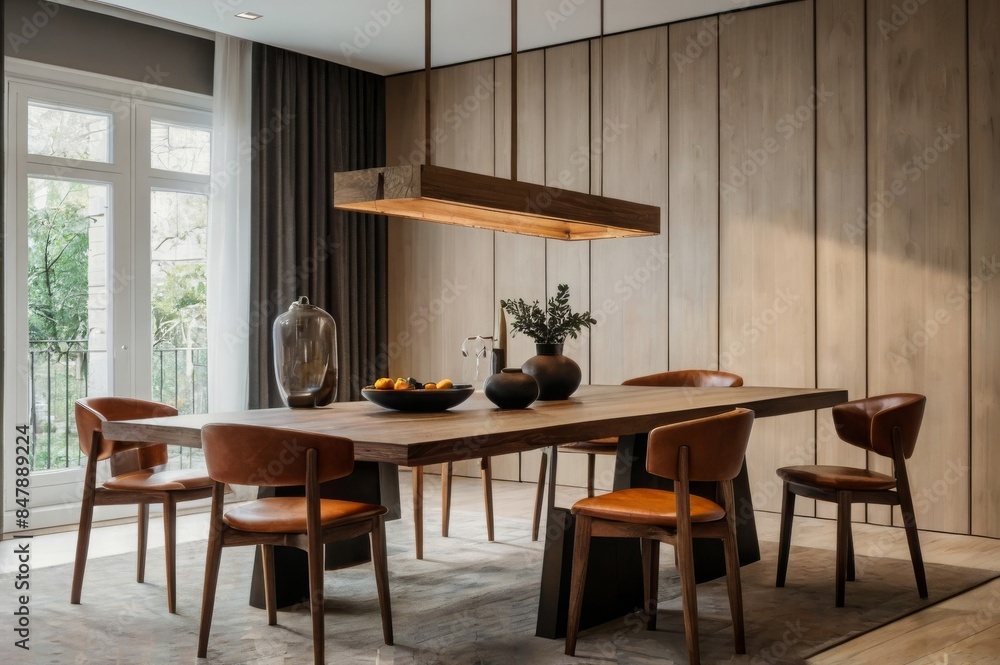 Minimalist dining room with a combination of cream and brown colors, wooden dining table and leather chairs. Minimalist dining room with a combination of cream and brown colors, wooden dining table and leather chairs.