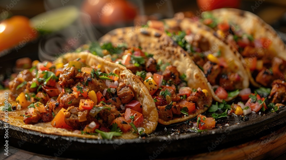 Delicious Mexican tacos with meat, beans and vegetables on a dark background. Close up Delicious Mexican tacos with meat, beans and vegetables on a dark background. Close up