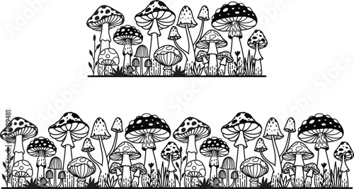 Seamless repeatable mushrooms meadow for bottom border, banner, printing, engraving and design element. Vector illustration