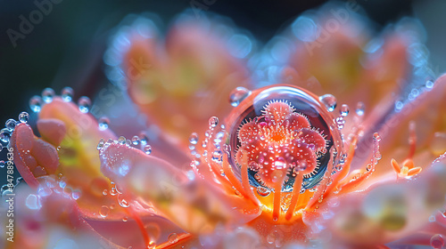 A single dewdrop resting on a flower petal, magnified 1000x, reveals a microscopic ecosystem. Tiny creatures swim within the droplet, their bioluminescent glow illuminating the scene like miniature photo