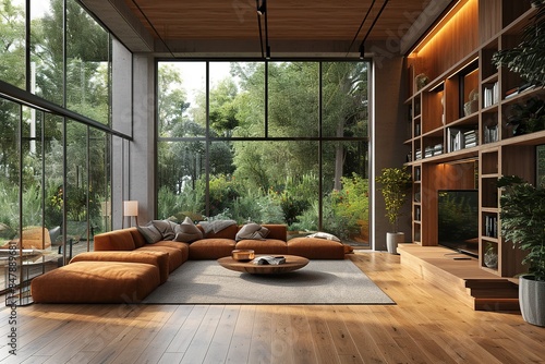 Modern living room with mezzanine 3d rendering image.There are wooden floor decorate wall with groove.furnished with brown fabric furniture.There are large windows look out to see the nature. photo