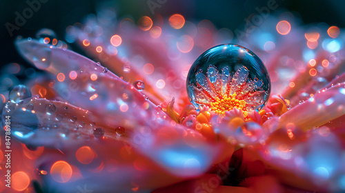 A single dewdrop resting on a flower petal, magnified 1000x, reveals a microscopic ecosystem. Tiny creatures swim within the droplet, their bioluminescent glow illuminating the scene like miniature photo