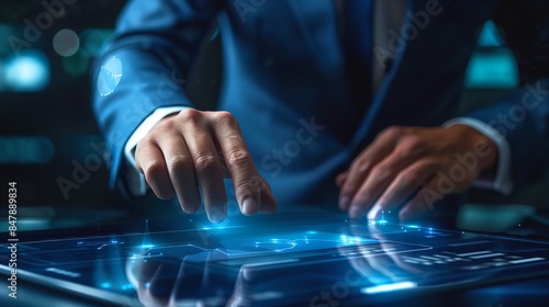バーチャルスクリーンに映し出された資料をタッチするビジネスマン