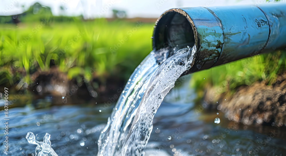 Water pipe in the field, unloading. Clean water flowing out of the pipe, close-up. Water pipe in the field, unloading. Clean water flowing out of the pipe, close-up.