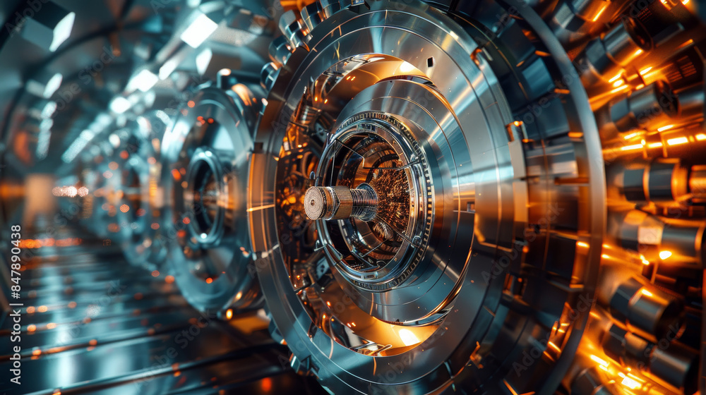 Fototapeta premium A particle generator, particle accelerator, machine, realistic, beautiful colors, reflection, rim light. Generative AI.