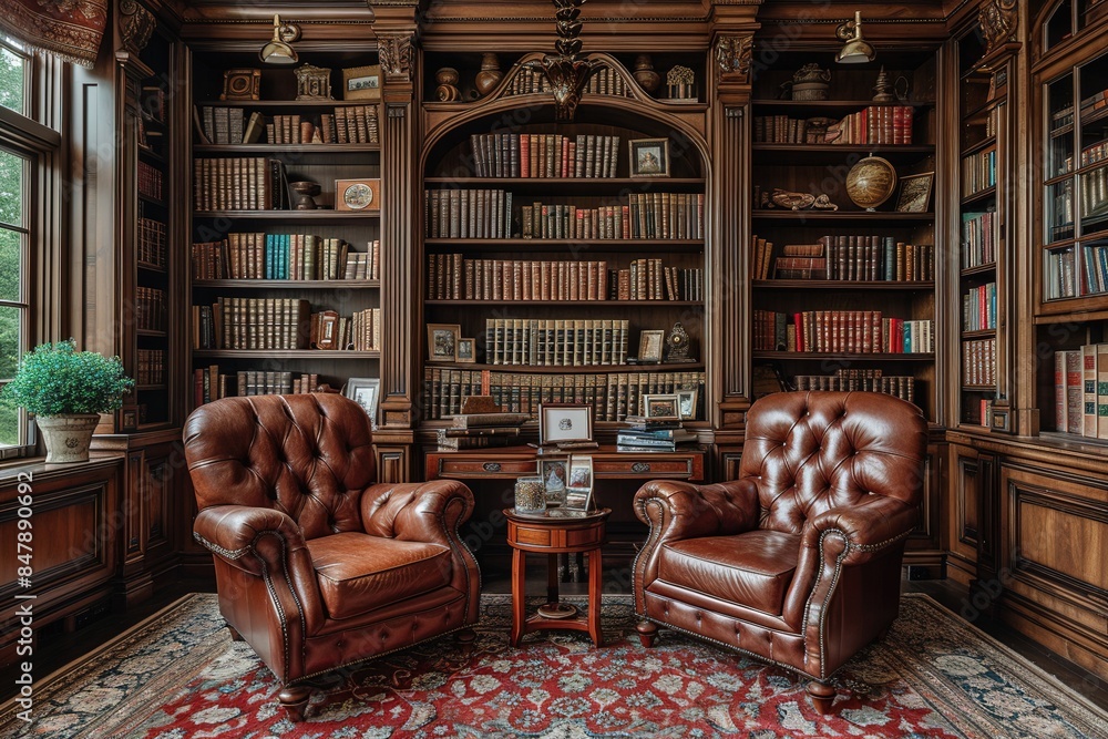 Traditional English study with built-in bookshelves and leather armchairs. Traditional English study with built-in bookshelves and leather armchairs.
