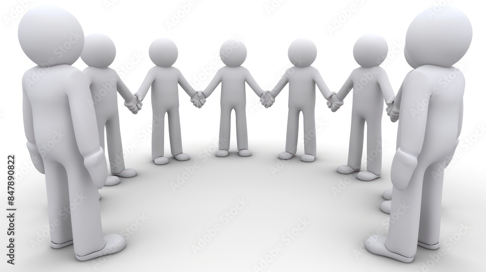 Concept of teamwork. Seven figures stand in a circle, hands clasped together, symbolizing unity and cooperation Concept of teamwork. Seven figures stand in a circle, hands clasped together, symbolizing unity and cooperation