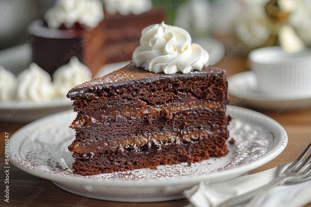 Austria: Sachertorte A rich chocolate cake with a layer of apricot jam, coated in a smooth chocolate glaze, served with a dollop of whipped cream. Austria: Sachertorte A rich chocolate cake with a layer of apricot jam, coated in a smooth chocolate glaze, served with a dollop of whipped cream.