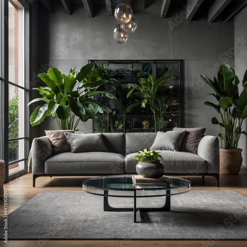 A modern living room with minimalist design, featuring a sleek grey sofa, a glass coffee table, large windows with natural light, and indoor plants.