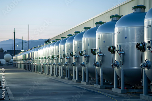 Shiny stainless steel tanks and walkways in a vertically oriented industrial brewery or chemical plant. Modern factory for content related to industrial processes or chemical engineering. Copy space photo