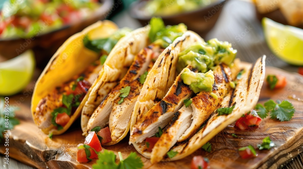 Delicious Mexican tacos with meat, beans and vegetables on a dark background. Close up Delicious Mexican tacos with meat, beans and vegetables on a dark background. Close up