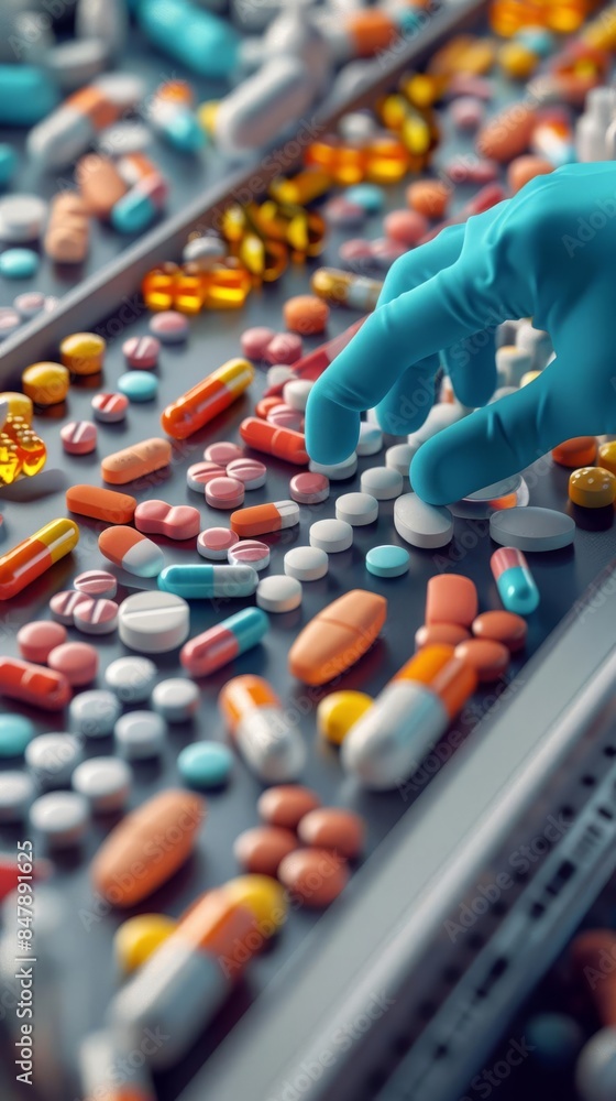Obraz premium Hand in medical gloves selecting various colorful pills and capsules on a conveyor belt, representing pharmaceutical industry and medicine production.