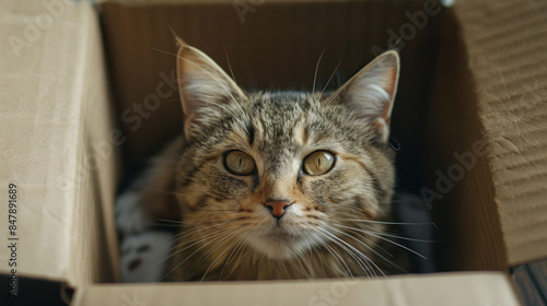 Cute cat in cardboard box with copy space