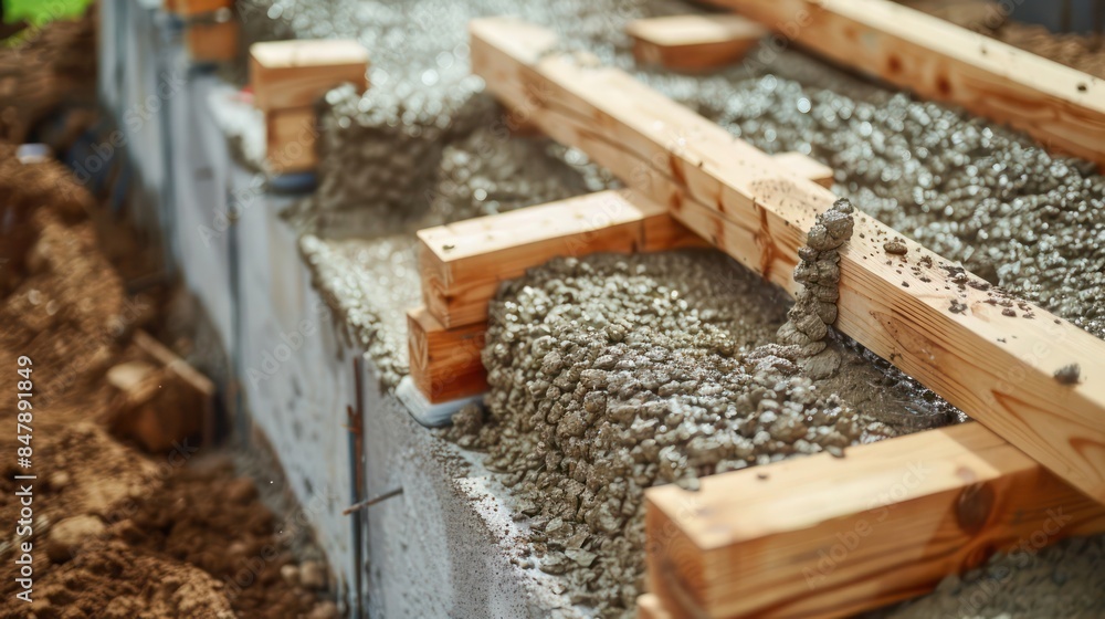 detailed shot of concrete being poured into wooden forms for a new building foundation detailed shot of concrete being poured into wooden forms for a new building foundation
