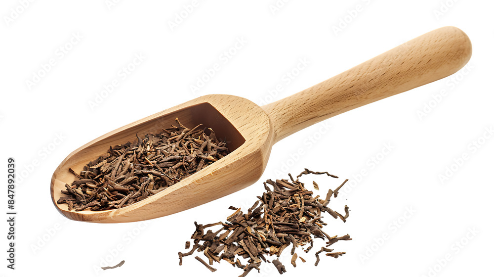 Scoop with dry hojicha green tea isolated on transparent background Scoop with dry hojicha green tea isolated on transparent background
