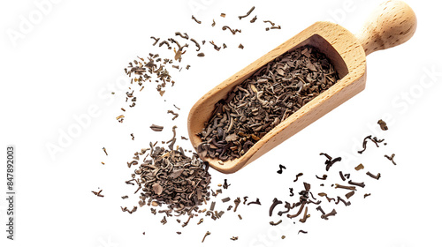 Scoop with dry hojicha green tea isolated on transparent background