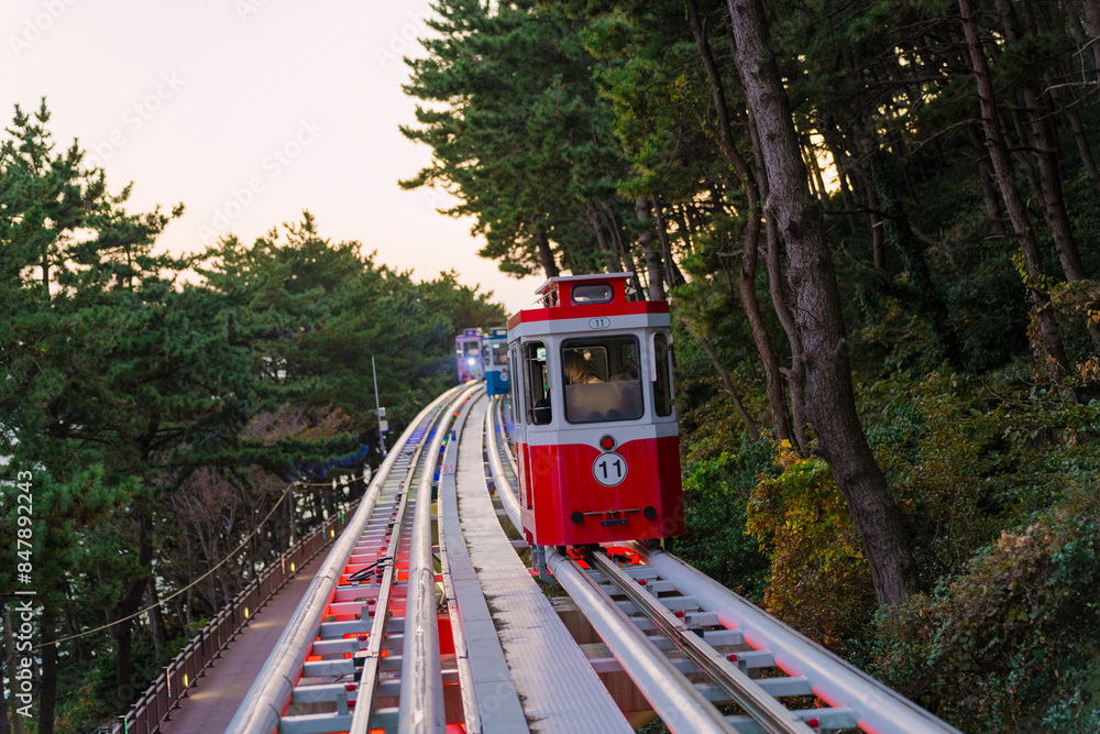 Fototapeta premium a red cable car descending a track amidst lush green trees against a sunset sky in Busan, Korea, creating a serene and picturesque scene.