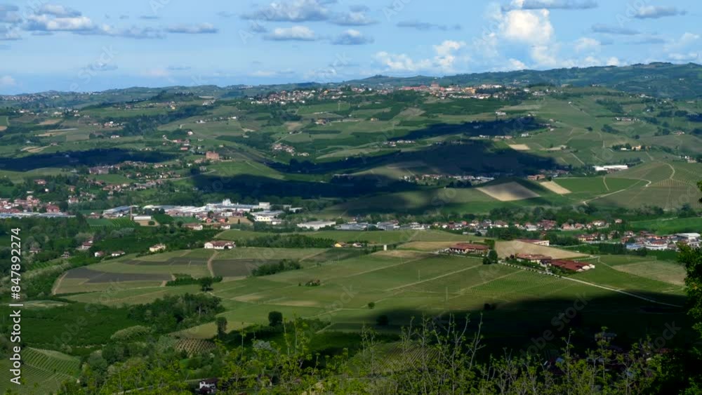 Panoramic view. Piedmont hills vineyards. Langhe. Italy. Panning 4K Panoramic view. Piedmont hills vineyards. Langhe. Italy. Panning 4K