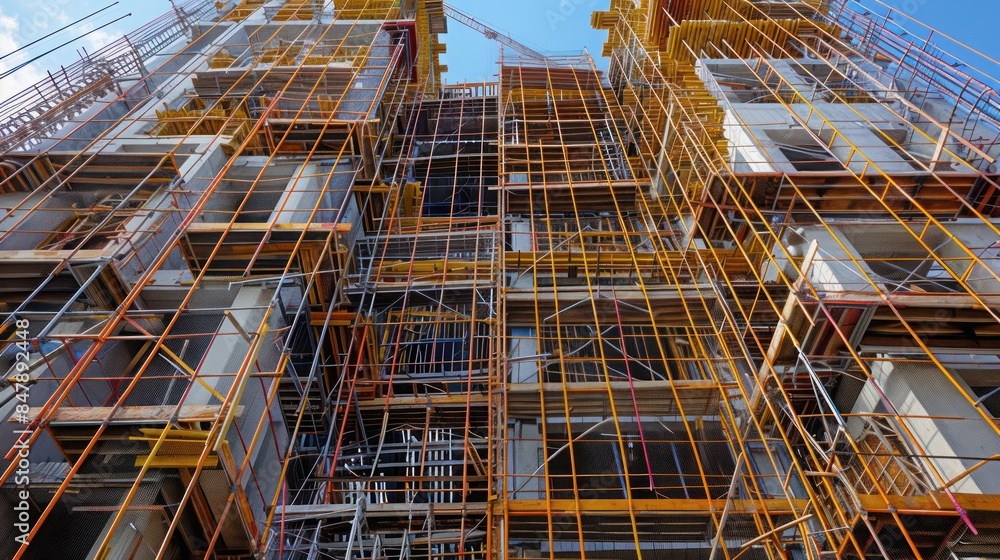 Fototapeta premium detailed shot of scaffolding and safety netting surrounding a high-rise building under construction