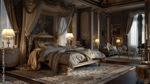 luxurious bedroom with a canopy bed, rich textiles, and elegant decor creating a serene and sophisticated retreat