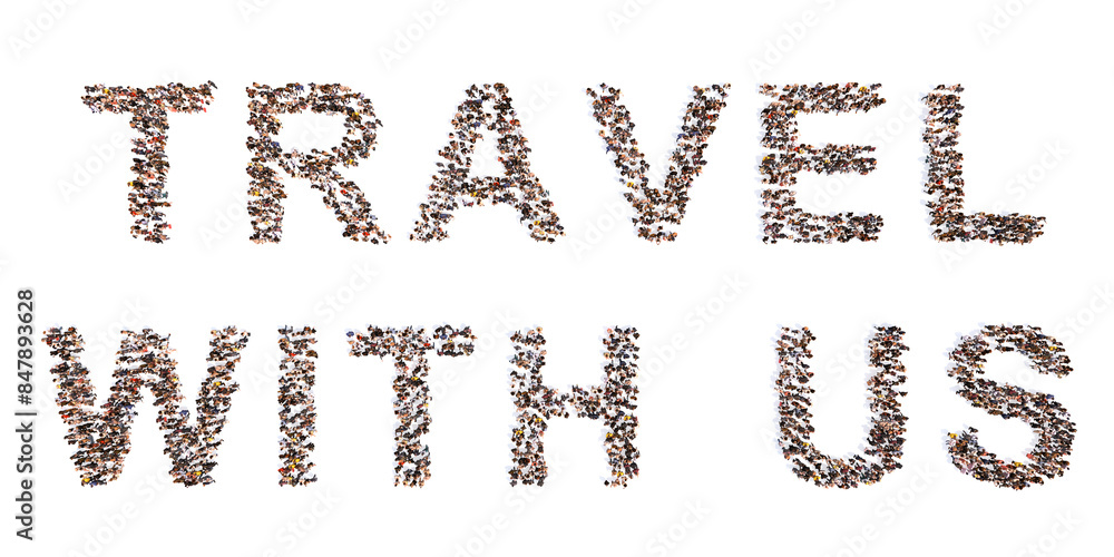 Concept conceptual large community of people forming TRAVEL word. 3d illustration metaphor for vacation, voyage, adventure, fun, happy, lifestyle, tourism, advertising, freedom, worldwide Concept conceptual large community of people forming TRAVEL word. 3d illustration metaphor for vacation, voyage, adventure, fun, happy, lifestyle, tourism, advertising, freedom, worldwide