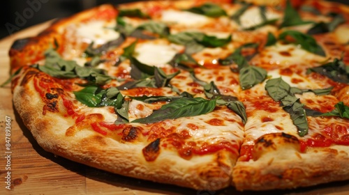 A classic Margherita pizza fresh out of the oven, topped with gooey mozzarella and fragrant basil leaves.