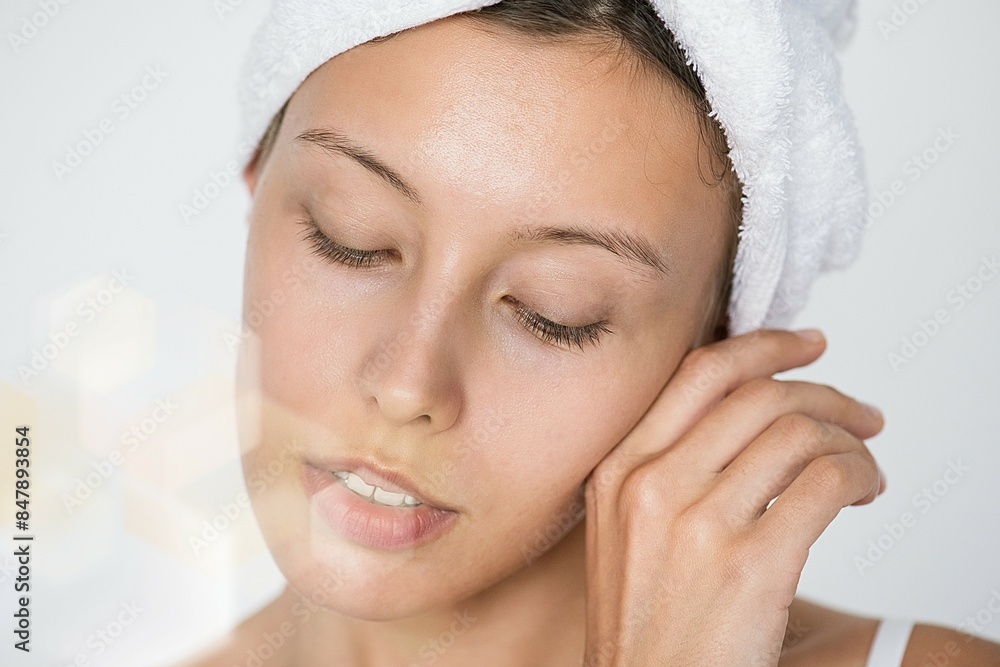 Portrait of white woman doing her daily skincare routine Portrait of white woman doing her daily skincare routine