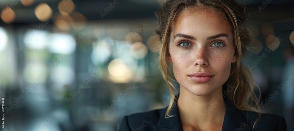 Businesswoman with Serious Expression in Office Environment Businesswoman with Serious Expression in Office Environment