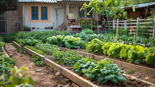 Permaculture raised beds in hoe backyard with fresh vegetables