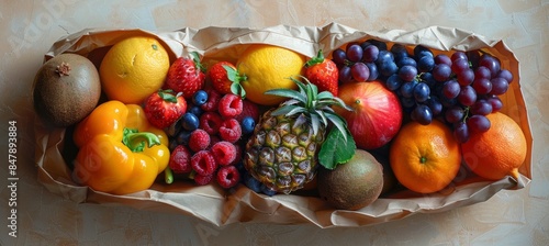 Set of Tropical Fruits in Bag on Light Background photo