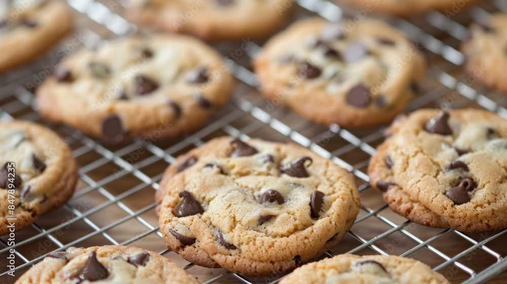 A close-up of freshly baked chocolate chip cookies cooling on a wire rack. A close-up of freshly baked chocolate chip cookies cooling on a wire rack.