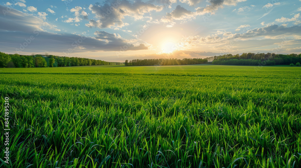 Beautiful green field during sunset with clouds in the sky Beautiful green field during sunset with clouds in the sky