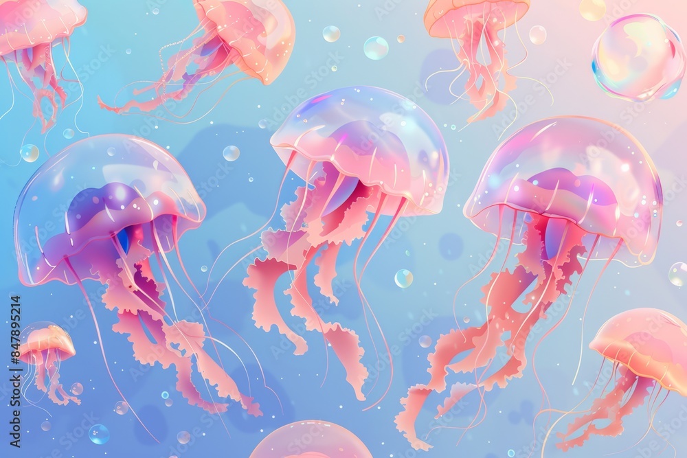 Illustrated jellyfish floating gracefully underwater, featuring vibrant colors and a dreamy oceanic background. Illustrated jellyfish floating gracefully underwater, featuring vibrant colors and a dreamy oceanic background.