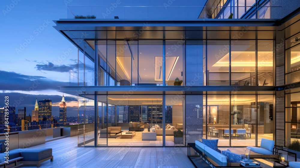 luxurious penthouse with floor-to-ceiling glass walls and a rooftop terrace luxurious penthouse with floor-to-ceiling glass walls and a rooftop terrace