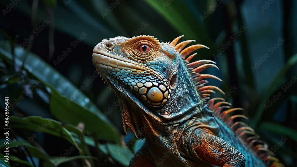Fototapeta premium A sizable blue iguana with piercing red eyes and prominent spikes along its back, featuring orange and red accents in its skin color that highlight its distinctive appearance.