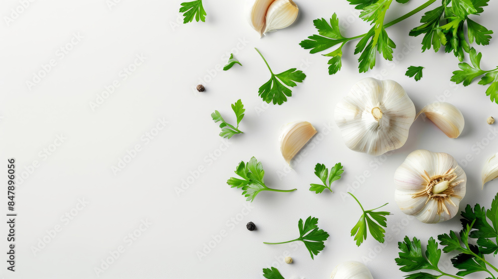 Fresh garlic and parsley leaves isolated on white background Fresh garlic and parsley leaves isolated on white background