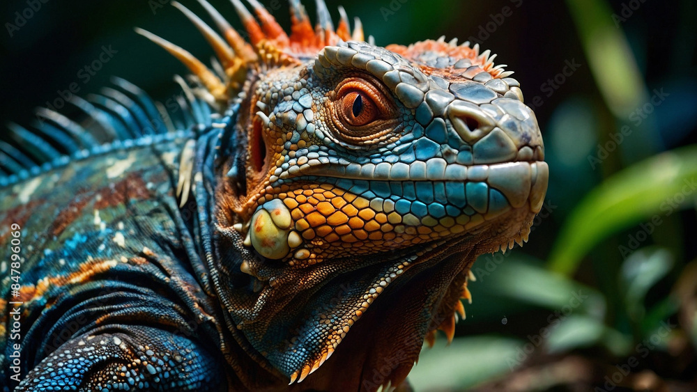 A sizable blue iguana with piercing red eyes and prominent spikes along its back, featuring orange and red accents in its skin color that highlight its distinctive appearance. A sizable blue iguana with piercing red eyes and prominent spikes along its back, featuring orange and red accents in its skin color that highlight its distinctive appearance.