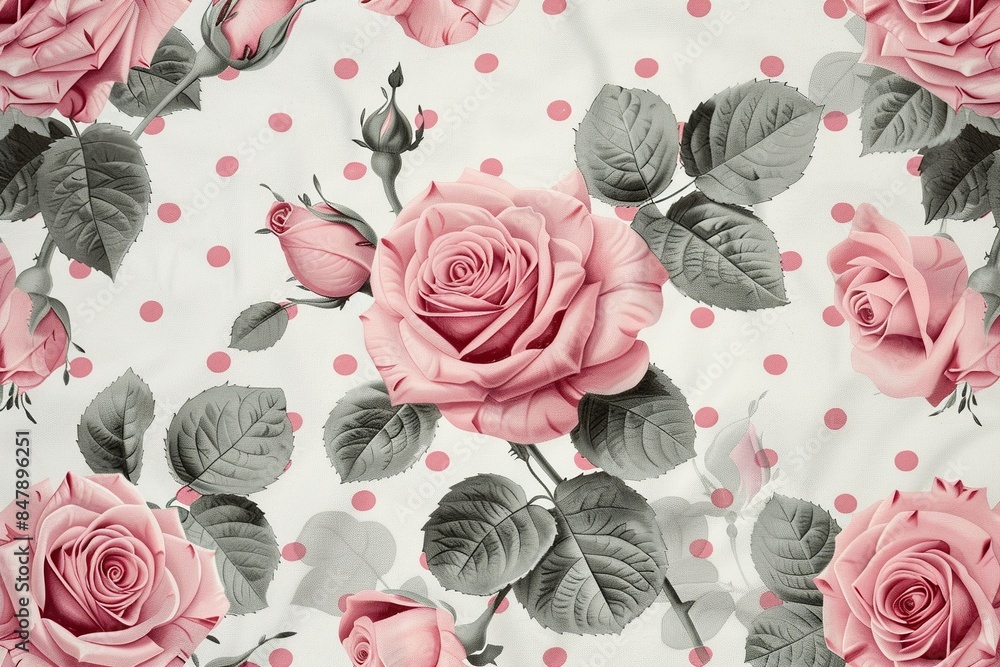 A pink rose is featured on a white background with playful polka dots A pink rose is featured on a white background with playful polka dots