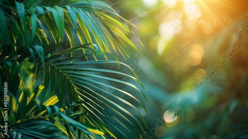 A serene scene where sun rays pierce through the lush green palm leaves, creating dynamic light and shadow play © familymedia
