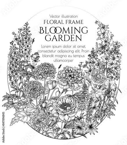 Vector frame blooming garden. Peonies, roses, irises, lupins, delphinium, decorative poppy, campanula 