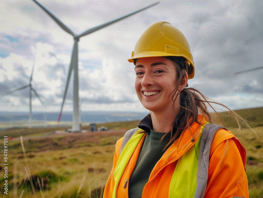 Female Engineer Wind Farm Safety Gear Diversity Green Energy Woman Power Female Engineer Wind Farm Safety Gear Diversity Green Energy Woman Power