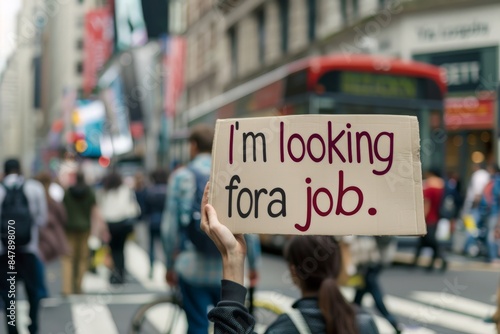 Person Holding Looking for Job Sign in Busy City Street © LMNZR
