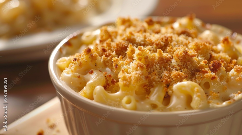 A delectable bowl of creamy macaroni and cheese, baked to perfection with a golden breadcrumb topping. A delectable bowl of creamy macaroni and cheese, baked to perfection with a golden breadcrumb topping.