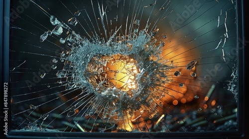 Cracked exploded by bullets monitor screen. Generative AI. © visoot