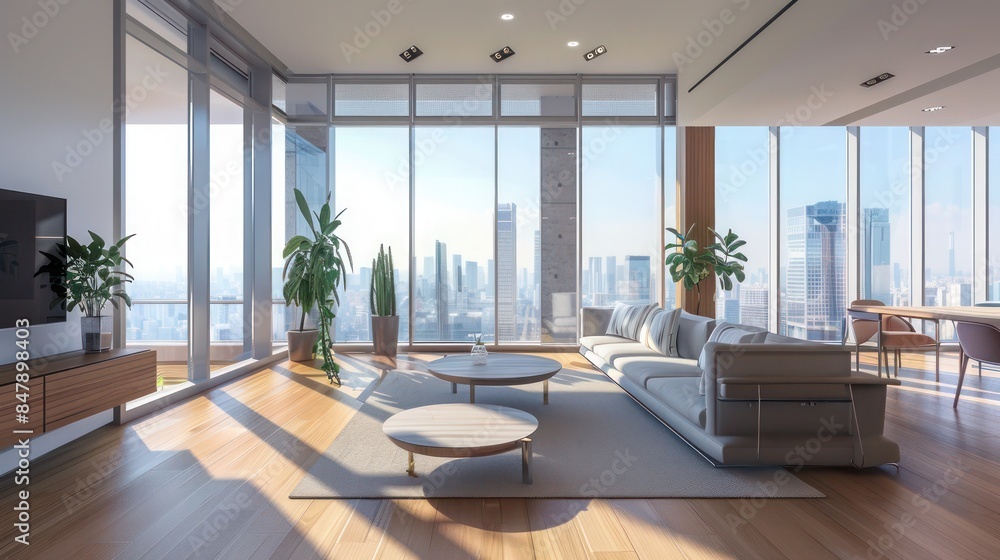 modernist apartment with minimalist decor, large windows, and city views modernist apartment with minimalist decor, large windows, and city views