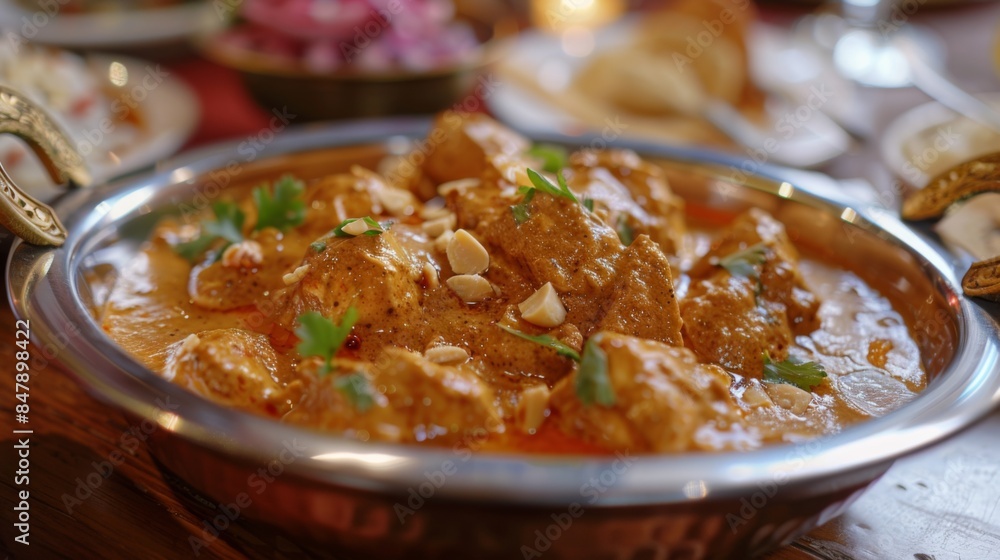A delicious plate of chicken korma, a creamy and aromatic curry made with yogurt, nuts, and spices. A delicious plate of chicken korma, a creamy and aromatic curry made with yogurt, nuts, and spices.